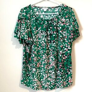Liz Claiborne Size XL Women Blouse Top Floral Ruffle Sleeves Green Pink Shirt